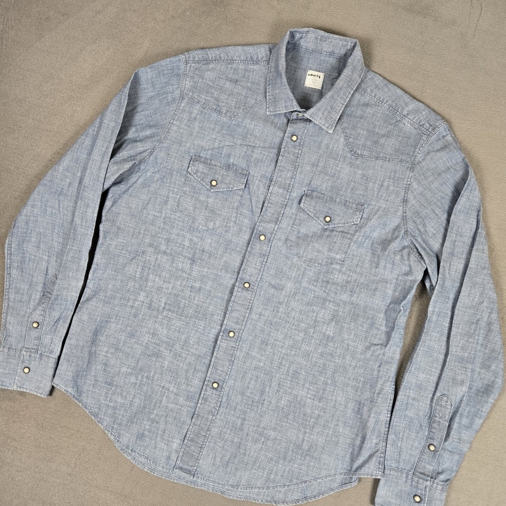 Eleventy Chambray Denim Pearl Snap Shirt Mens XL Western Long Sleeve *READ